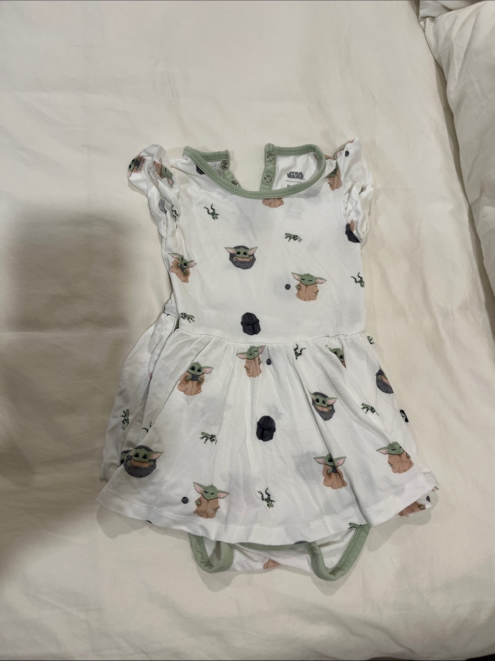 Kyte BABY White Dress with Green and Tan Grogu Print